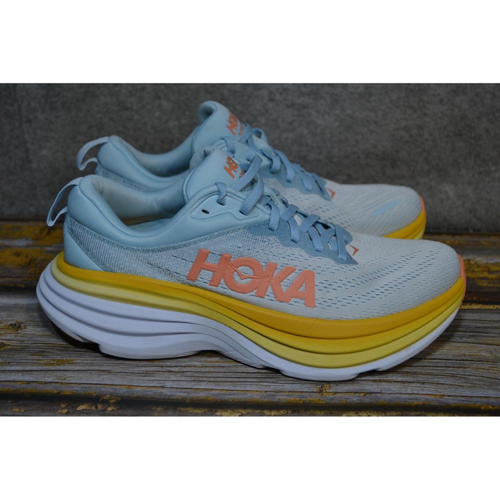 Hoka One One Bondi 8 Shoes Womens 8B Blue Yellow Running Sneakers 1127952 SSCA